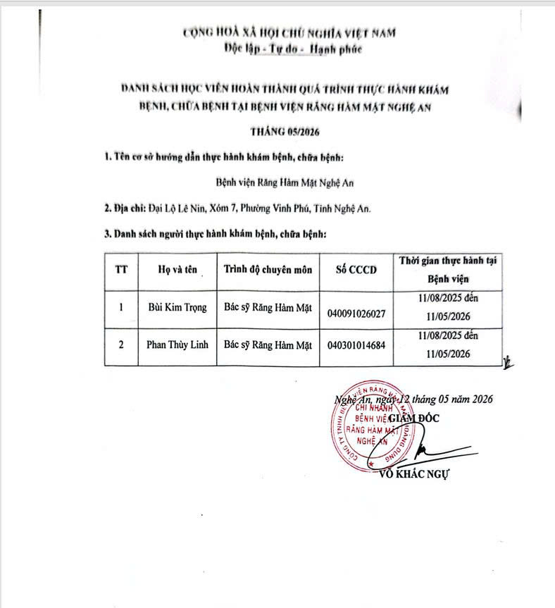 Danh sách học viên đã hoàn thành quá trình thực hành khám bệnh, chữa bệnh tại Bệnh viện trong tháng 05/2026.