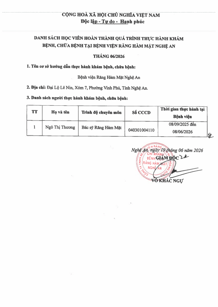 Danh sách học viên đã hoàn thành quá trình thực hành khám bệnh, chữa bệnh tại Bệnh viện trong tháng 06/2026